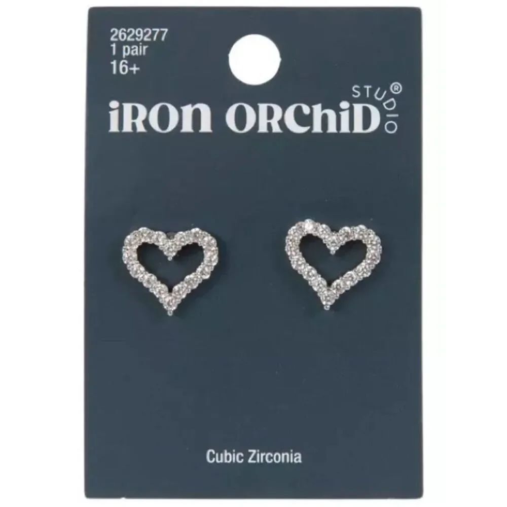 New iron orchid Silver Cubic Zirconia Heart Stud Earrings